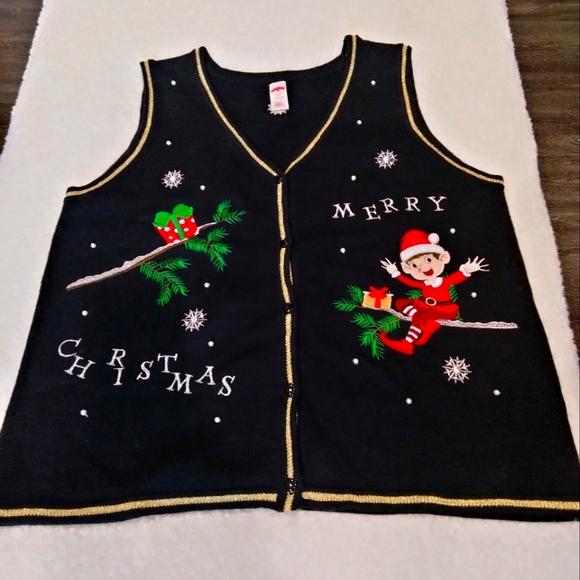 Holiday Time Merry Christmas elf present winter button up sweater vest Size XXL - Picture 1 of 4